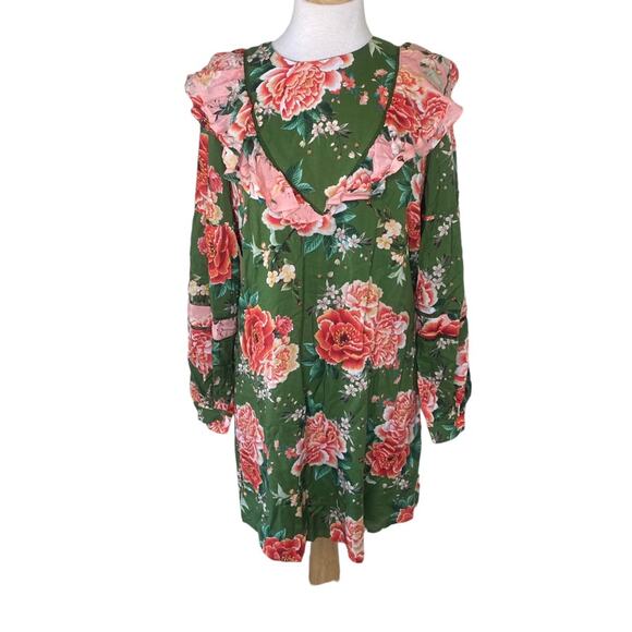 Farm Rio Anthropologie Elinor Tunic Dress Ruffles Long Sleeves Green Pink SMALL - Picture 2 of 14